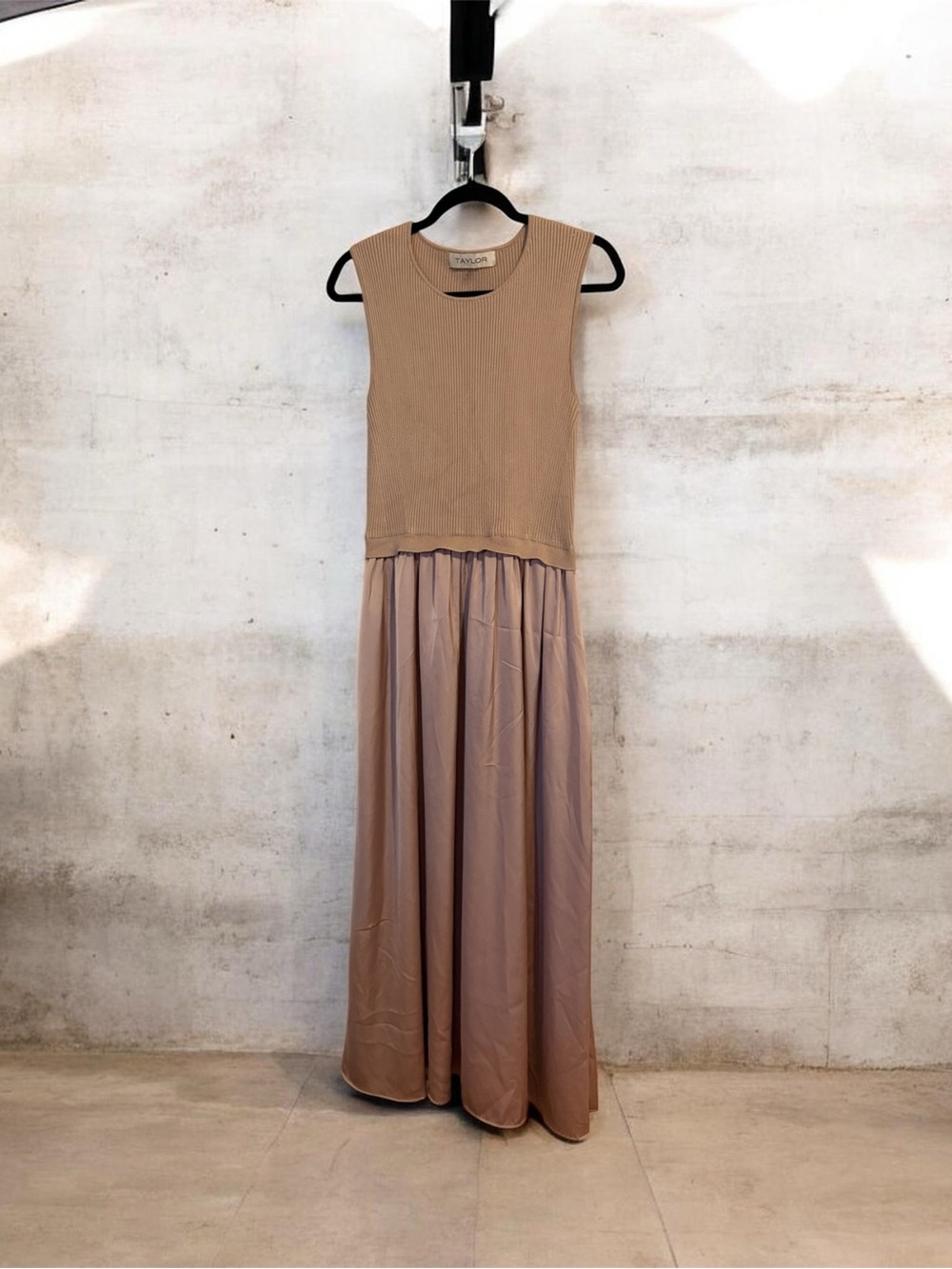 Taylor Mixed Media Knit & Satin Maxi Dress – Neutral Tan